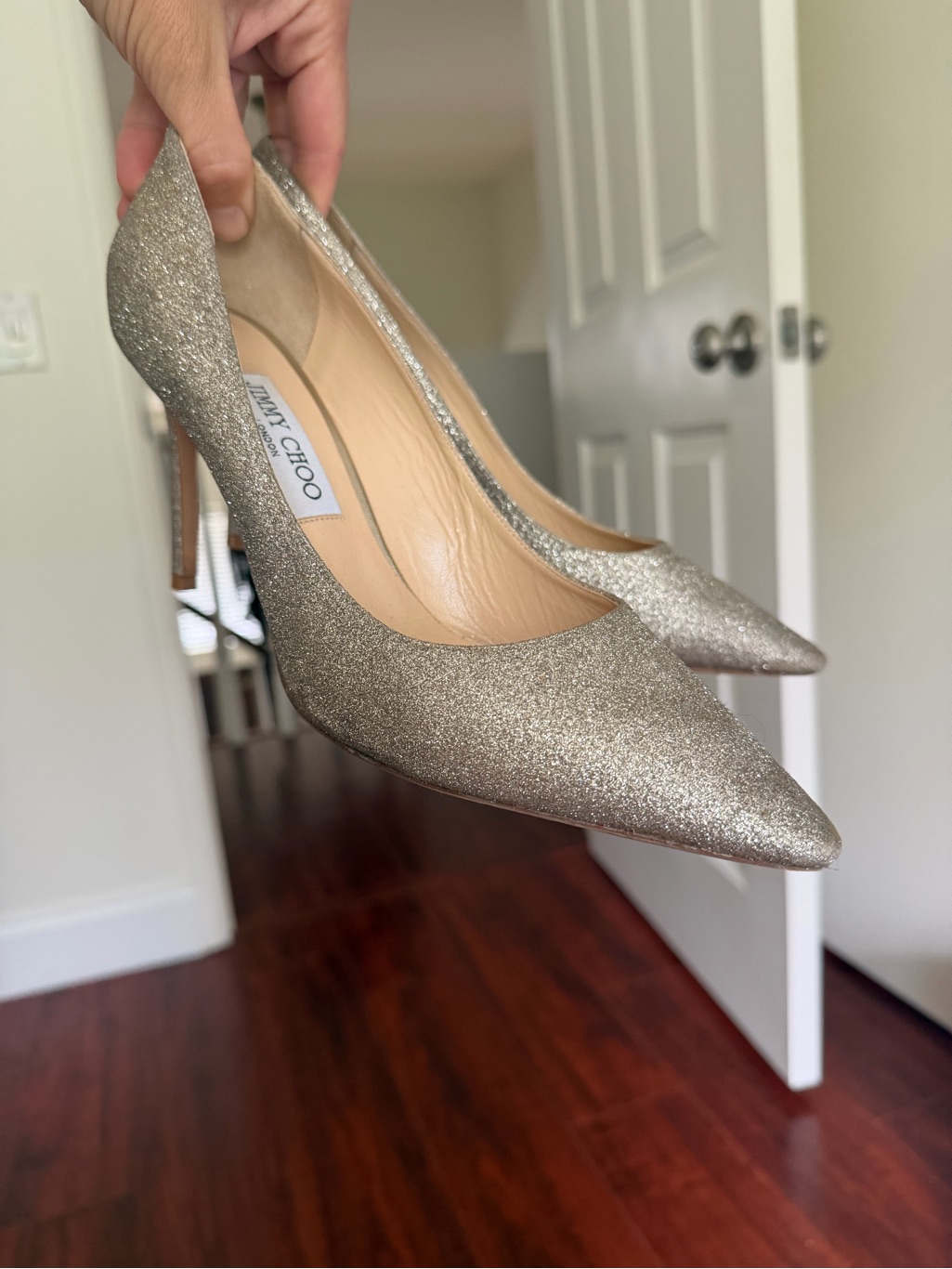 Jimmy Choo Champagne Glitter Romy 85 Pointed-Toe Pumps